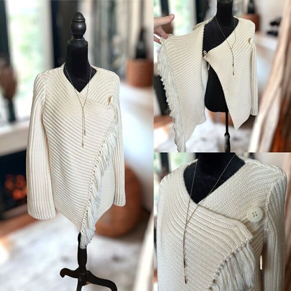 ANTHROPOLOGIE Lisa Z Knit Fringe Wrap-around Poncho Cardigan Sweater Wool Size M - Picture 1 of 16